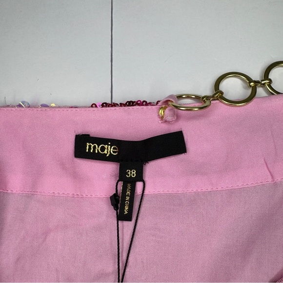 Maje Joustik Sequin Mini Skirt Hibiscus Floral Pink Gold Chain French 38/US M - Picture 4 of 9